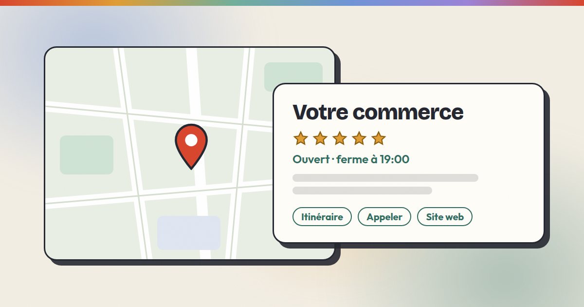 Illustration : une fiche d'établissement Google à côté d'une carte avec une épingle