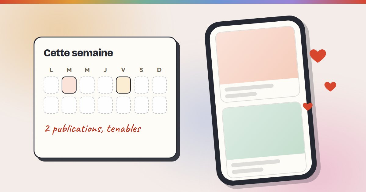 Illustration : un calendrier de publications et un téléphone affichant un fil d'actualité