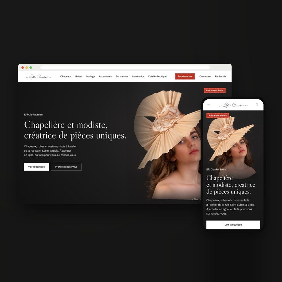 Boutique en ligne d'Efti Cianko sur ordinateur et sur téléphone : page d'accueil avec le chapeau Chacha