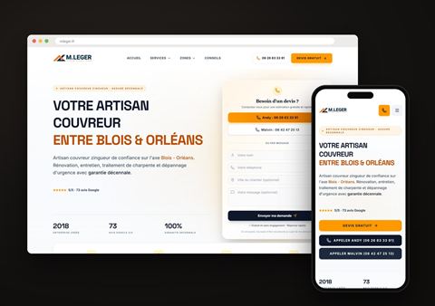 Site de M. LEGER, couvreur zingueur, sur ordinateur et sur téléphone