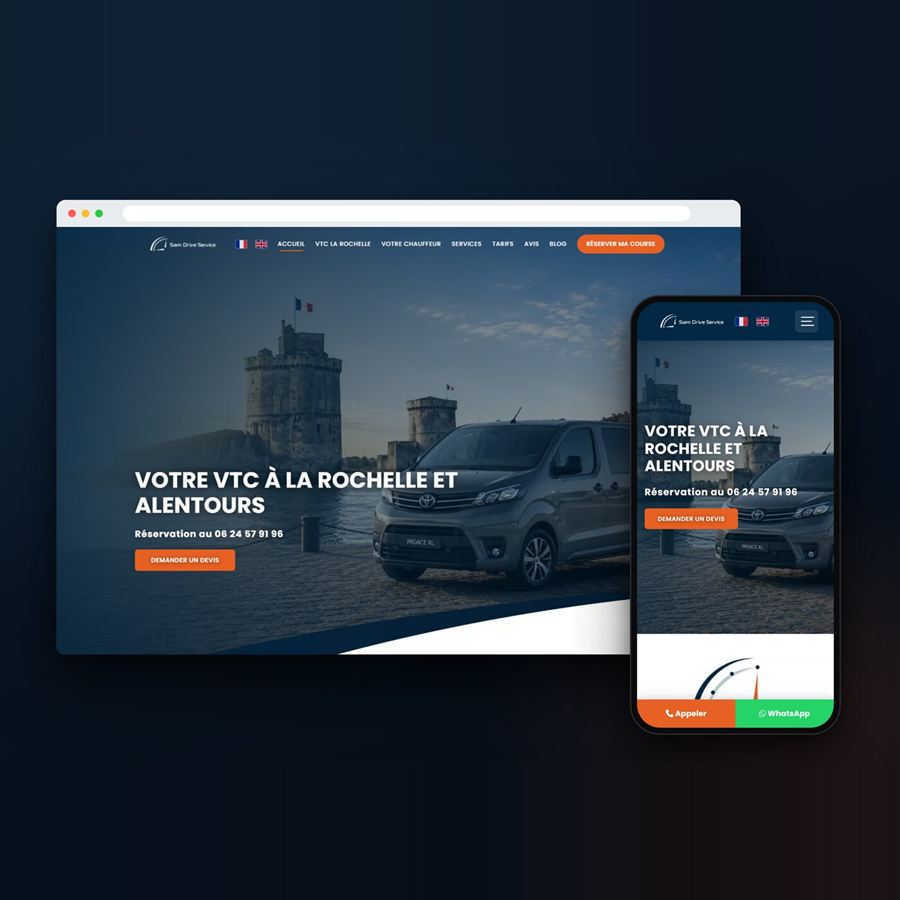 Site de Sam Drive Service sur ordinateur et sur téléphone : page d'accueil avec le van devant les tours de La Rochelle