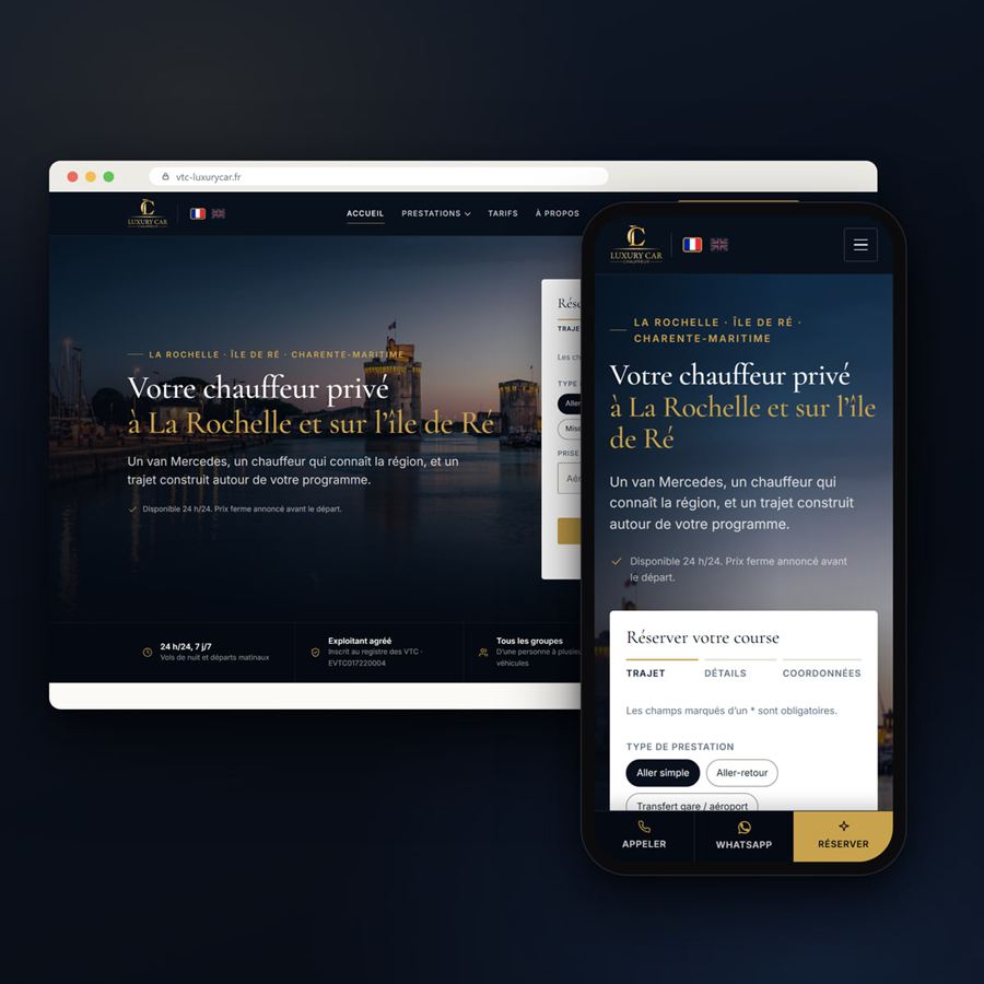 Accueil du site VTC Luxury Car, chauffeur privé à La Rochelle, sur ordinateur et sur téléphone